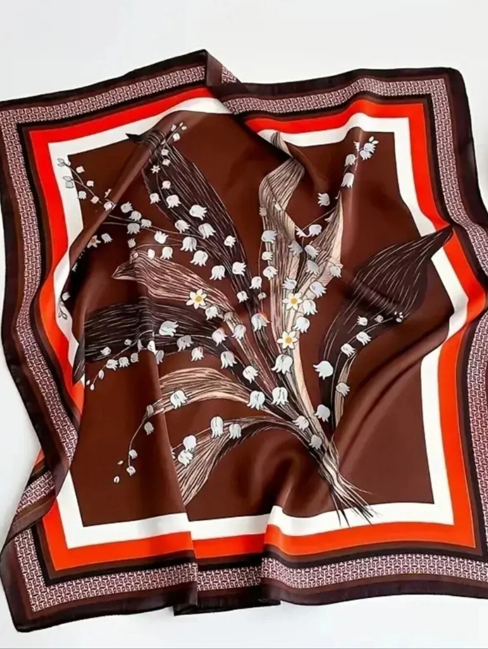 Silk-feel Brown Floral Square Scarf Head Scarf , Neck Scarf